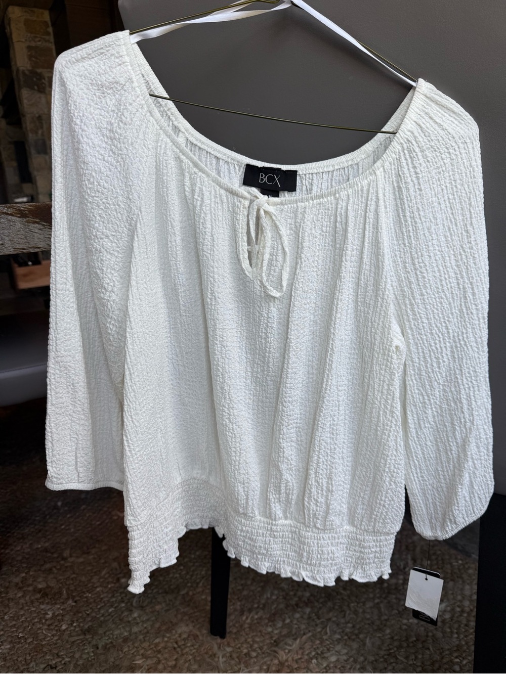 BCX Ivory Crinkle Tie-Neck Bohemian Top
